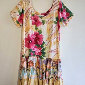 Vintage Jams World Hibiscus Floral Short Dress Ruffle Hem Tropics  Size Large